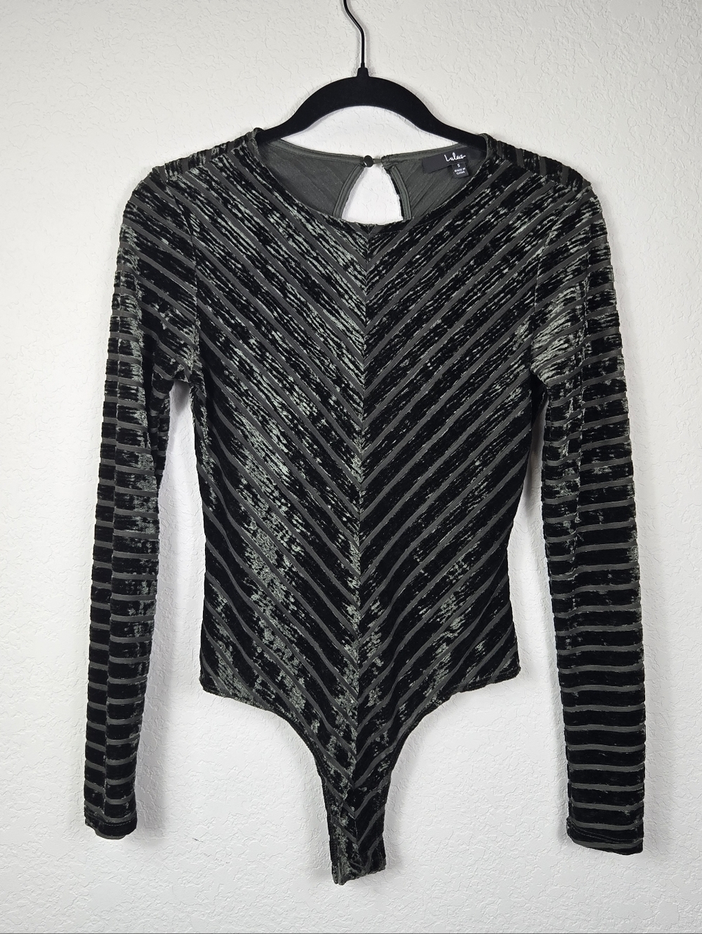 Lulus Save The Date Olive Velvet Striped Bodysuit Long Sleeve S